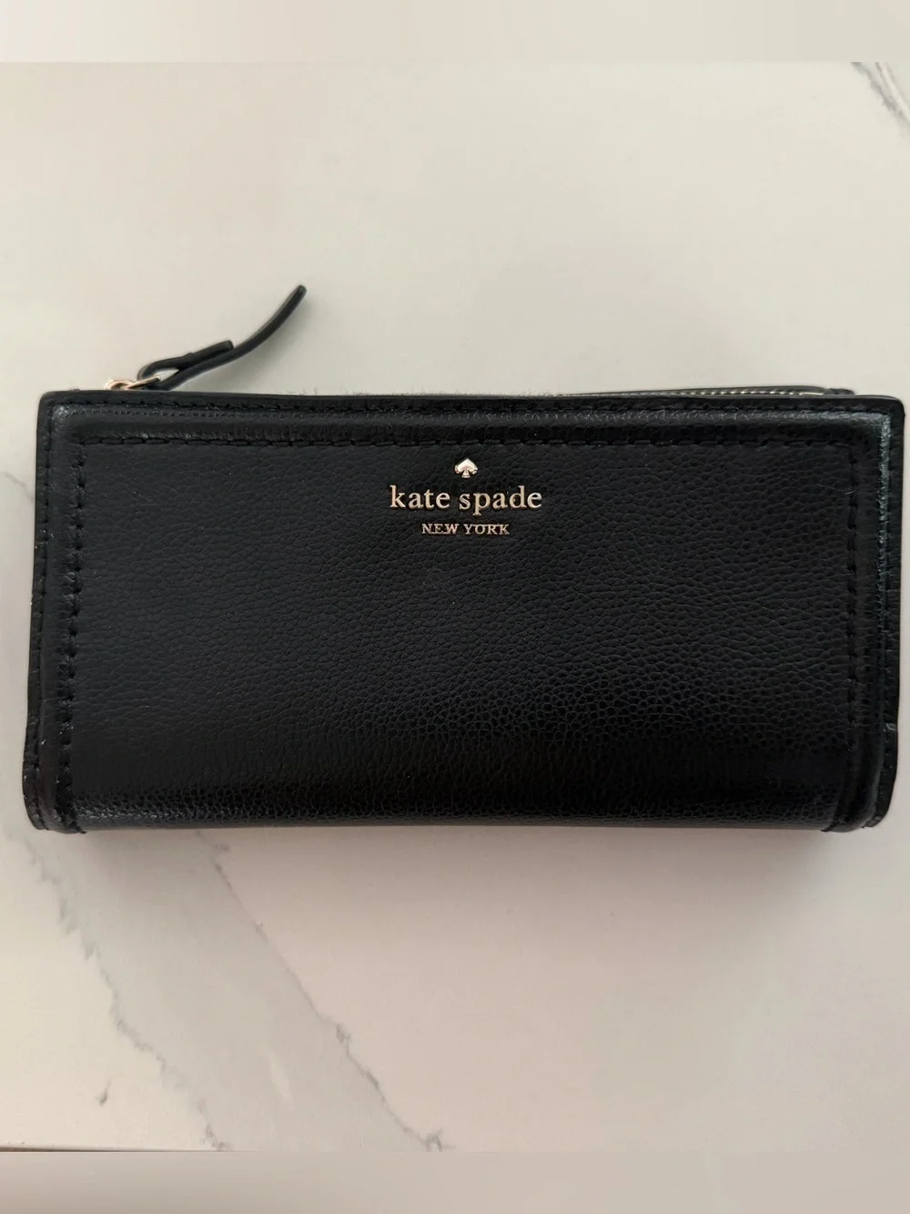 kate spade Black Leather Zip-Around Wallet with Gold Logo